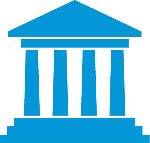 Blue icon of a building with columns, symbolizing classical architecture